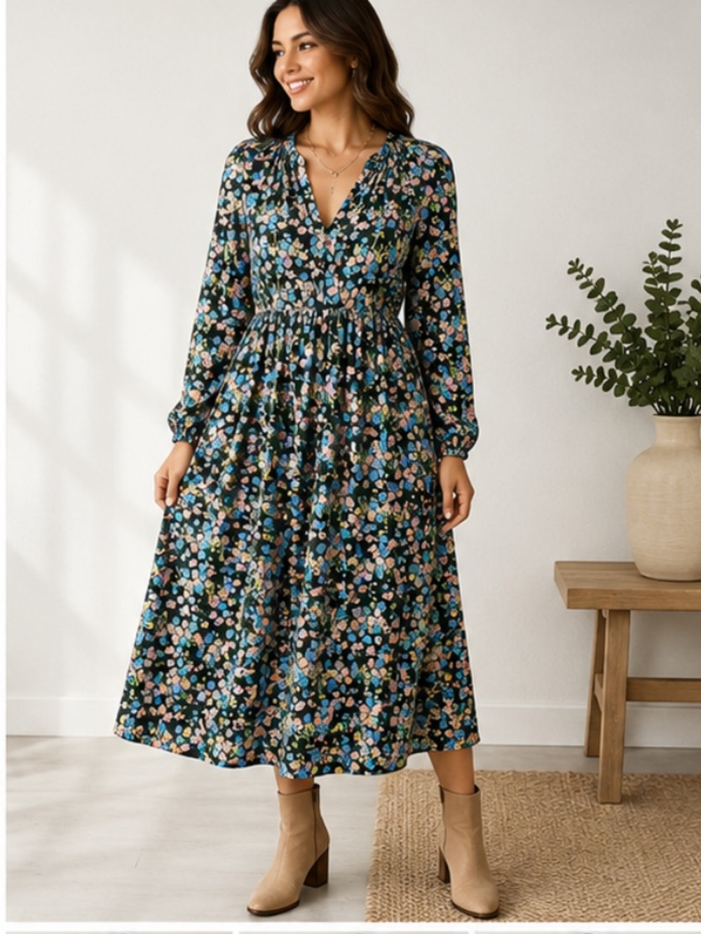 Boden Floral Long Sleeve V-Neck Midi Dress in Dark Green size 12R Boho summer